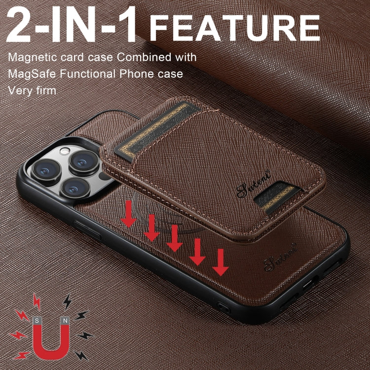 For iPhone 12 Suteni H18 Cross Grain MagSafe Wallet Leather Phone Case(Brown) - iPhone 12 / 12 Pro Cases by Suteni | Online Shopping South Africa | PMC Jewellery | Buy Now Pay Later Mobicred