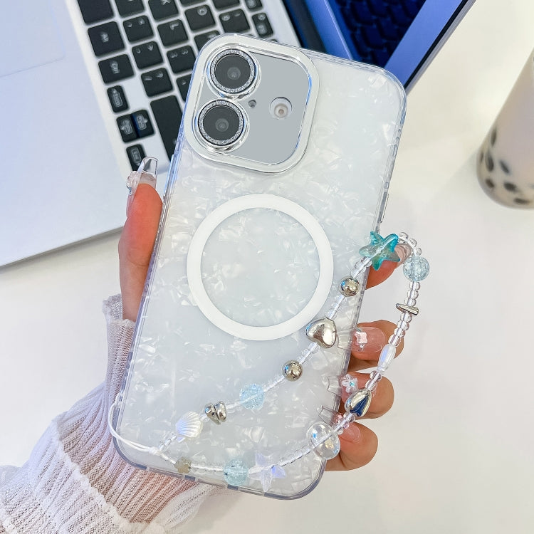 For iPhone 16 Plus Plating Texture Wristband MagSafe TPU Phone Case with Glitter Lens Film(White Shell Pattern) - iPhone 16 Plus Cases by PMC Jewellery | Online Shopping South Africa | PMC Jewellery | Buy Now Pay Later Mobicred