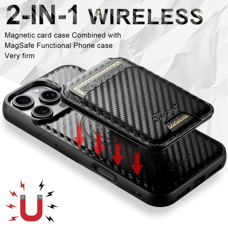 For iPhone 16 Plus Suteni TXWH18 Carbon Fiber Texture Detachable Wallet MagSafe Phone Case(Black) - iPhone 16 Plus Cases by Suteni | Online Shopping South Africa | PMC Jewellery | Buy Now Pay Later Mobicred