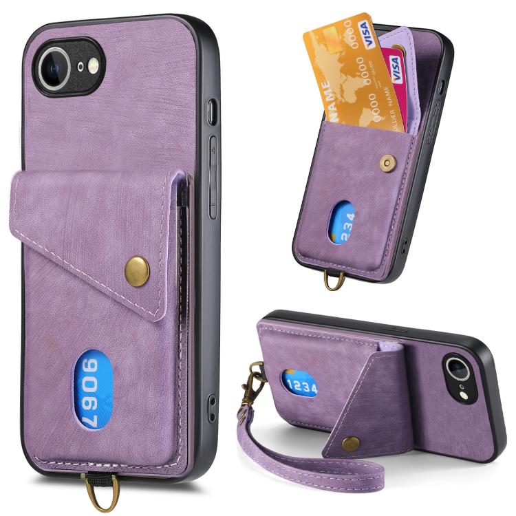 For iPhone 16e Retro Card Wallet Fold Leather Phone Case with Strap(Purple) - iPhone 16e Cases by PMC TechLife | Online Shopping South Africa | PMC TechLife | Buy Now Pay Later Mobicred