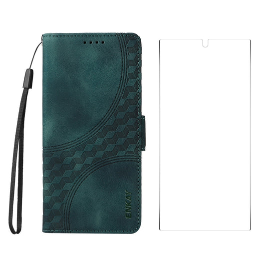 For Samsung Galaxy S25 Ultra 5G ENKAY Embossed Rhombus Starry Leather Phone Case with Screen Film(Green) - Galaxy S25 Ultra 5G Cases by ENKAY | Online Shopping South Africa | PMC Jewellery | Buy Now Pay Later Mobicred