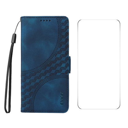 For OPPO Reno12 F 4G Global ENKAY Embossed Rhombus Starry Leather Phone Case with Screen Film(Blue) - Reno12 F Cases by ENKAY | Online Shopping South Africa | PMC Jewellery | Buy Now Pay Later Mobicred