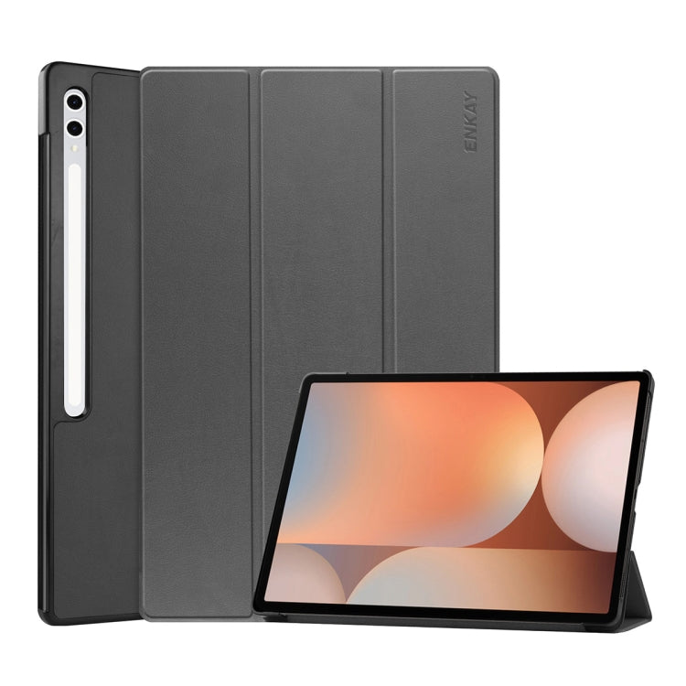 For Samsung Galaxy Tab S10+ / S9+ / S9 FE+ ENKAY Tri-fold Custer Texture Plastic Leather Smart Tablet Case with Pen Slot(Grey) - Galaxy Tab S9+ Cases by ENKAY | Online Shopping South Africa | PMC Jewellery | Buy Now Pay Later Mobicred