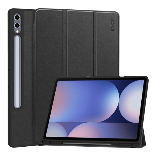 For Samsung Galaxy Tab S10 Ultra / S9 Ultra ENKAY Tri-fold Custer Texture TPU Leather Smart Tablet Case with Pen Slot(Black) - Galaxy Tab S9 Ultra Cases by ENKAY | Online Shopping South Africa | PMC Jewellery | Buy Now Pay Later Mobicred