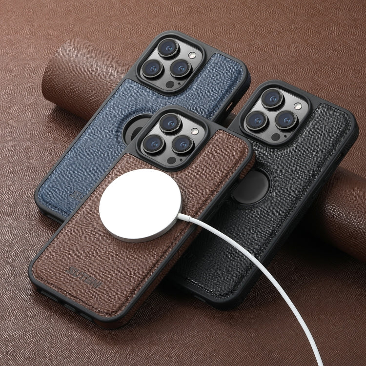 For iPhone 16 Plus Suteni G1 Cross Texture MagSafe Phone Case(Brown) - iPhone 16 Plus Cases by Suteni | Online Shopping South Africa | PMC Jewellery | Buy Now Pay Later Mobicred