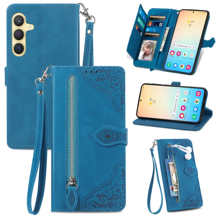 For Samsung Galaxy S25+ 5G Embossed Flower Zipper Leather Phone Case(Blue) - Galaxy S25+ 5G Cases by PMC TechLife | Online Shopping South Africa | PMC TechLife | Buy Now Pay Later Mobicred
