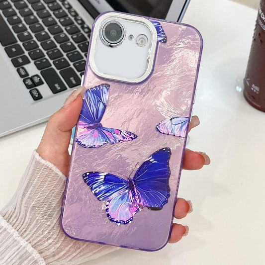 For iPhone 16e Plating Texture Butterfly TPU Phone Case with Glitter Lens Film(Purple Butterflies HU4) - iPhone 16e Cases by PMC Jewellery | Online Shopping South Africa | PMC Jewellery | Buy Now Pay Later Mobicred