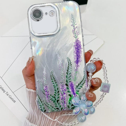 For iPhone 16e Electroplating Flowers Plants Texture Wristband TPU Phone Case(Lavender FL3) - iPhone 16e Cases by PMC Jewellery | Online Shopping South Africa | PMC Jewellery | Buy Now Pay Later Mobicred