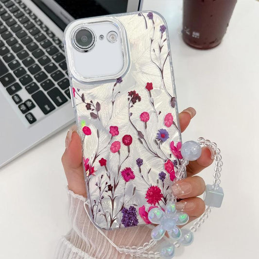 For iPhone 16e Electroplating Flowers Plants Texture Wristband TPU Phone Case(Carnation FL7) - iPhone 16e Cases by PMC Jewellery | Online Shopping South Africa | PMC Jewellery | Buy Now Pay Later Mobicred