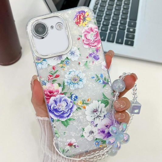 For iPhone 16e Electroplating Flowers Plants Texture Wristband TPU Phone Case(Peony FL14) - iPhone 16e Cases by PMC Jewellery | Online Shopping South Africa | PMC Jewellery | Buy Now Pay Later Mobicred