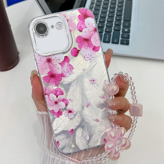 For iPhone 16e Electroplating Flowers Plants Texture Wristband TPU Phone Case(Peach Blossom FL18) - iPhone 16e Cases by PMC Jewellery | Online Shopping South Africa | PMC Jewellery | Buy Now Pay Later Mobicred