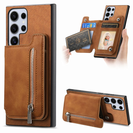 For Samsung Galaxy S25 Ultra 5G Retro MagSafe Zipper Wallet Card Bag Back Phone Case(Brown) - Galaxy S25 Ultra 5G Cases by PMC Jewellery | Online Shopping South Africa | PMC Jewellery | Buy Now Pay Later Mobicred