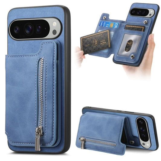 For Google Pixel 9 Pro XL Retro MagSafe Zipper Wallet Card Bag Back Phone Case(Blue) - Google Cases by PMC Jewellery | Online Shopping South Africa | PMC Jewellery | Buy Now Pay Later Mobicred