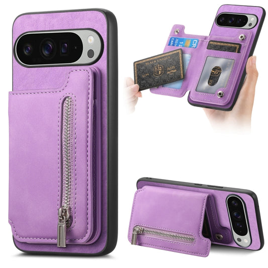 For Google Pixel 9 Pro XL Retro MagSafe Zipper Wallet Card Bag Back Phone Case(Purple) - Google Cases by PMC Jewellery | Online Shopping South Africa | PMC Jewellery | Buy Now Pay Later Mobicred