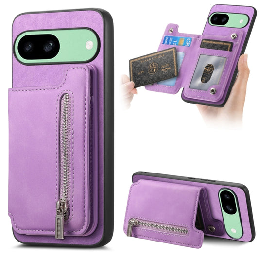 For Google Pixel 8a Retro MagSafe Zipper Wallet Card Bag Back Phone Case(Purple) - Google Cases by PMC Jewellery | Online Shopping South Africa | PMC Jewellery | Buy Now Pay Later Mobicred