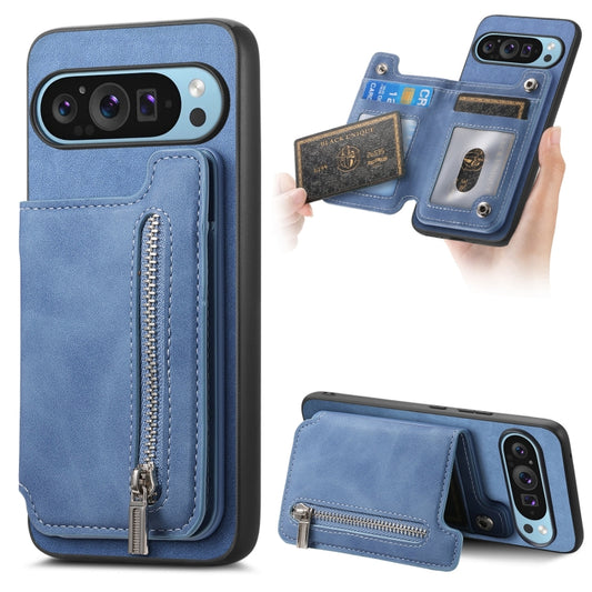 For Google Pixel 8 Pro Retro MagSafe Zipper Wallet Card Bag Back Phone Case(Blue) - Google Cases by PMC Jewellery | Online Shopping South Africa | PMC Jewellery | Buy Now Pay Later Mobicred