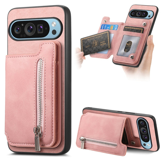 For Google Pixel 8 Pro Retro MagSafe Zipper Wallet Card Bag Back Phone Case(Pink) - Google Cases by PMC Jewellery | Online Shopping South Africa | PMC Jewellery | Buy Now Pay Later Mobicred