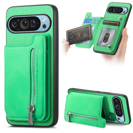 For Google Pixel 8 Pro Retro MagSafe Zipper Wallet Card Bag Back Phone Case(Green) - Google Cases by PMC Jewellery | Online Shopping South Africa | PMC Jewellery | Buy Now Pay Later Mobicred