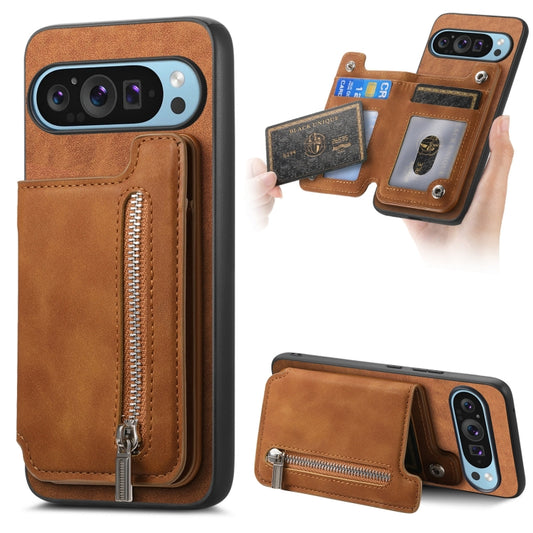 For Google Pixel 8 Pro Retro MagSafe Zipper Wallet Card Bag Back Phone Case(Brown) - Google Cases by PMC Jewellery | Online Shopping South Africa | PMC Jewellery | Buy Now Pay Later Mobicred