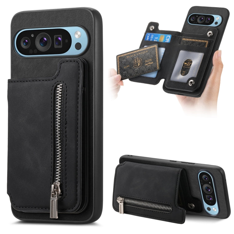 For Google Pixel 8 Pro Retro MagSafe Zipper Wallet Card Bag Back Phone Case(Black) - Google Cases by PMC TechLife | Online Shopping South Africa | PMC TechLife | Buy Now Pay Later Mobicred