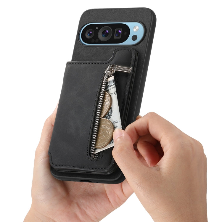 For Google Pixel 8 Pro Retro MagSafe Zipper Wallet Card Bag Back Phone Case(Black) - Google Cases by PMC TechLife | Online Shopping South Africa | PMC TechLife | Buy Now Pay Later Mobicred