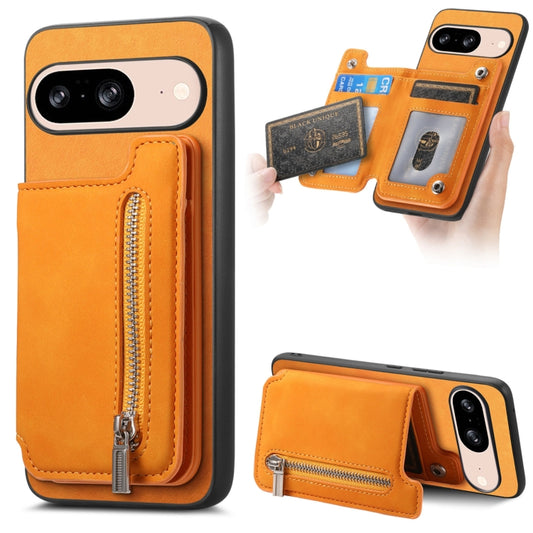 For Google Pixel 8 Retro MagSafe Zipper Wallet Card Bag Back Phone Case(Yellow) - Google Cases by PMC Jewellery | Online Shopping South Africa | PMC Jewellery | Buy Now Pay Later Mobicred