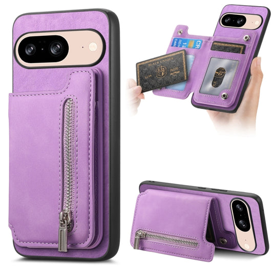 For Google Pixel 8 Retro MagSafe Zipper Wallet Card Bag Back Phone Case(Purple) - Google Cases by PMC Jewellery | Online Shopping South Africa | PMC Jewellery | Buy Now Pay Later Mobicred