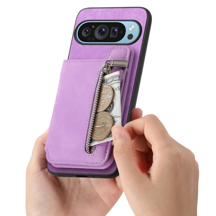 For Google Pixel 8 Retro MagSafe Zipper Wallet Card Bag Back Phone Case(Purple) - Google Cases by PMC TechLife | Online Shopping South Africa | PMC TechLife | Buy Now Pay Later Mobicred
