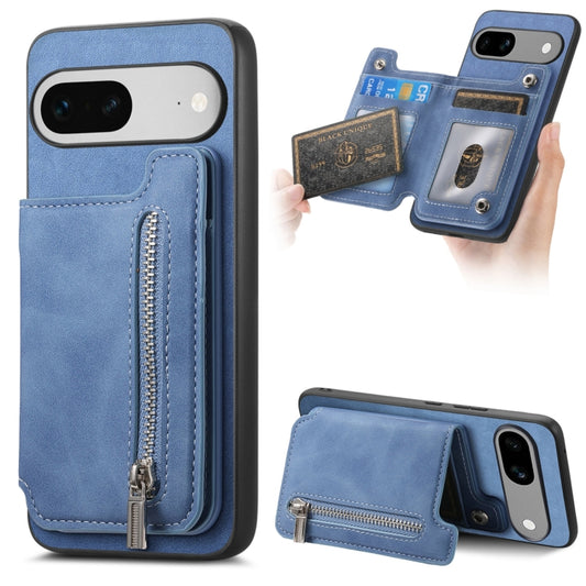 For Google Pixel 7a Retro MagSafe Zipper Wallet Card Bag Back Phone Case(Blue) - Google Cases by PMC Jewellery | Online Shopping South Africa | PMC Jewellery | Buy Now Pay Later Mobicred