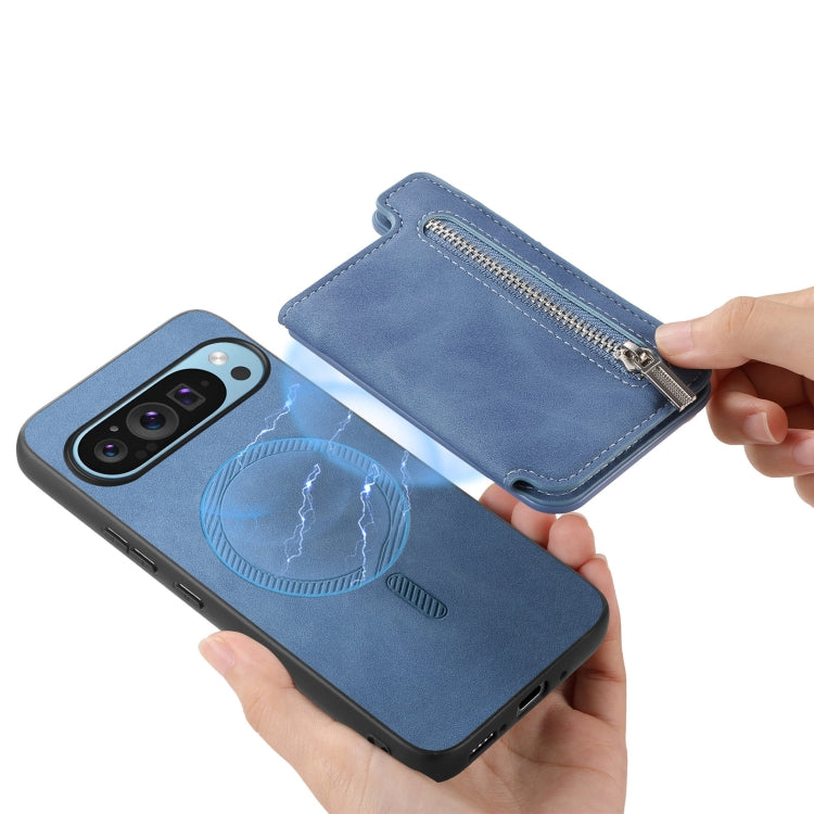 For Google Pixel 7a Retro MagSafe Zipper Wallet Card Bag Back Phone Case(Blue) - free shipping - PMC TechLife - Order now!