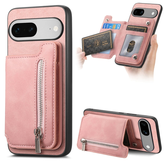 For Google Pixel 7a Retro MagSafe Zipper Wallet Card Bag Back Phone Case(Pink) - Google Cases by PMC Jewellery | Online Shopping South Africa | PMC Jewellery | Buy Now Pay Later Mobicred