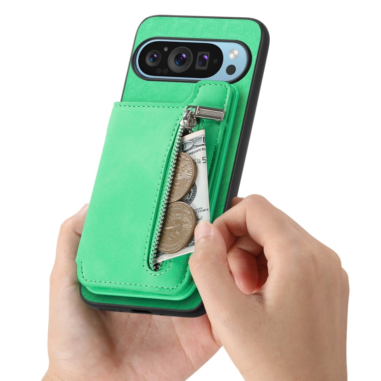 For Google Pixel 7a Retro MagSafe Zipper Wallet Card Bag Back Phone Case(Green) - Google Cases by PMC TechLife | Online Shopping South Africa | PMC TechLife | Buy Now Pay Later Mobicred