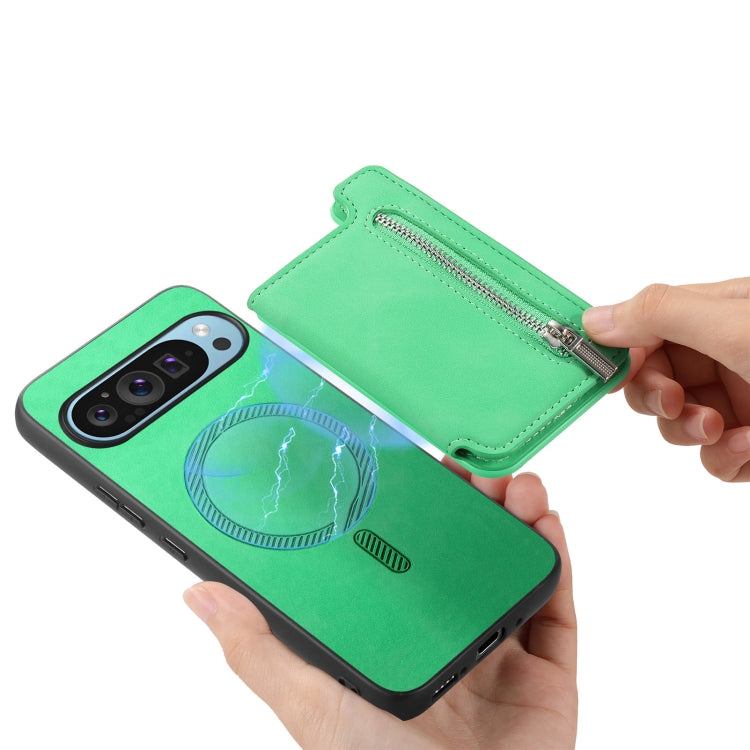 For Google Pixel 7a Retro MagSafe Zipper Wallet Card Bag Back Phone Case(Green) - Google Cases by PMC TechLife | Online Shopping South Africa | PMC TechLife | Buy Now Pay Later Mobicred