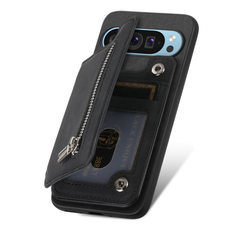 For Google Pixel 7a Retro MagSafe Zipper Wallet Card Bag Back Phone Case(Black) - Google Cases by PMC TechLife | Online Shopping South Africa | PMC TechLife | Buy Now Pay Later Mobicred