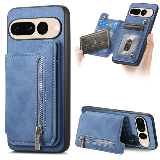 For Google Pixel 7 Pro Retro MagSafe Zipper Wallet Card Bag Back Phone Case(Blue) - Google Cases by PMC Jewellery | Online Shopping South Africa | PMC Jewellery | Buy Now Pay Later Mobicred