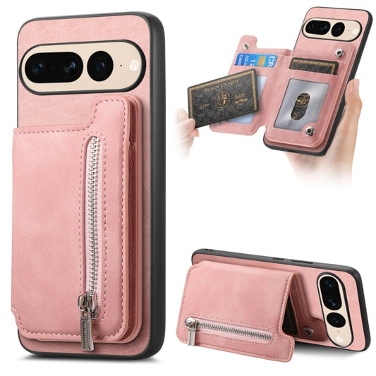 For Google Pixel 7 Pro Retro MagSafe Zipper Wallet Card Bag Back Phone Case(Pink) - Google Cases by PMC Jewellery | Online Shopping South Africa | PMC Jewellery | Buy Now Pay Later Mobicred