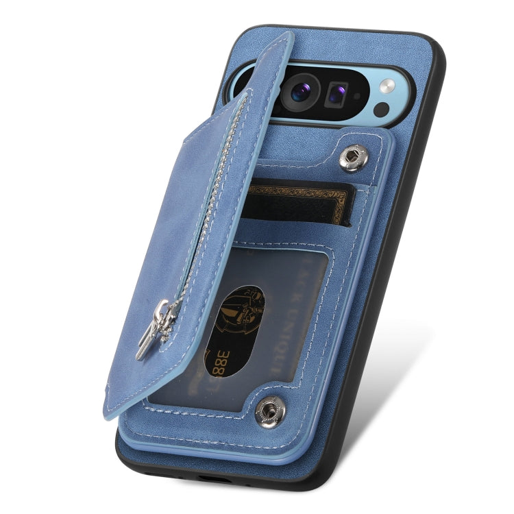 For Google Pixel 7 Retro MagSafe Zipper Wallet Card Bag Back Phone Case(Blue) - Google Cases by PMC TechLife | Online Shopping South Africa | PMC TechLife | Buy Now Pay Later Mobicred