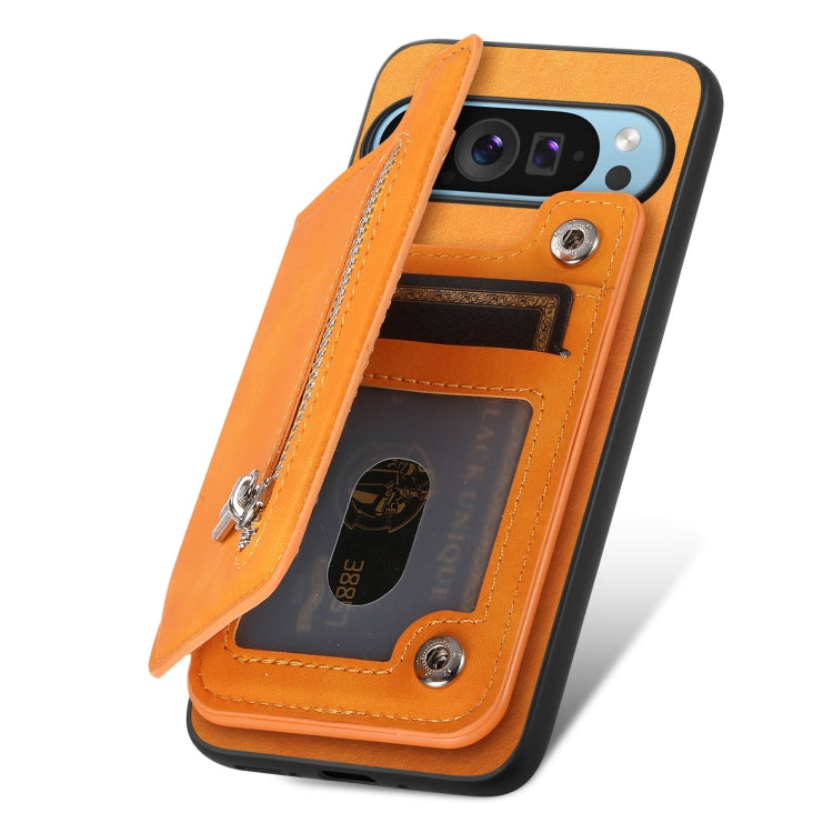 For Google Pixel 9 / 9 Pro Retro MagSafe Zipper Wallet Card Bag Back Phone Case(Yellow) - Google Cases by PMC TechLife | Online Shopping South Africa | PMC TechLife | Buy Now Pay Later Mobicred