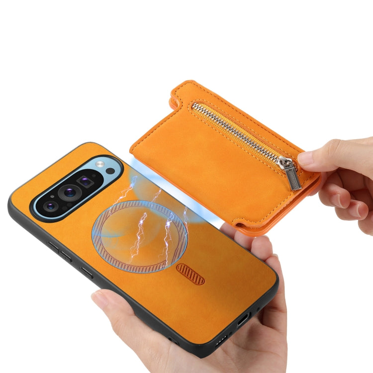 For Google Pixel 9 / 9 Pro Retro MagSafe Zipper Wallet Card Bag Back Phone Case(Yellow) - Google Cases by PMC TechLife | Online Shopping South Africa | PMC TechLife | Buy Now Pay Later Mobicred