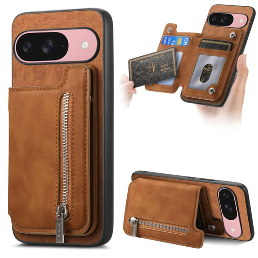 For Google Pixel 9 / 9 Pro Retro MagSafe Zipper Wallet Card Bag Back Phone Case(Brown) - Google Cases by PMC Jewellery | Online Shopping South Africa | PMC Jewellery | Buy Now Pay Later Mobicred