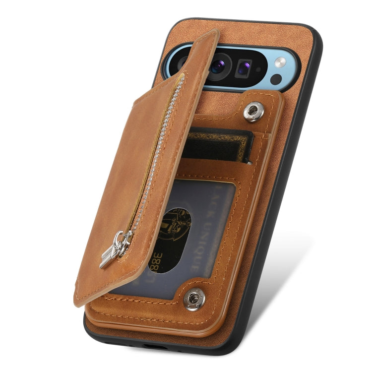 For Google Pixel 9 / 9 Pro Retro MagSafe Zipper Wallet Card Bag Back Phone Case(Brown) - Google Cases by PMC TechLife | Online Shopping South Africa | PMC TechLife | Buy Now Pay Later Mobicred