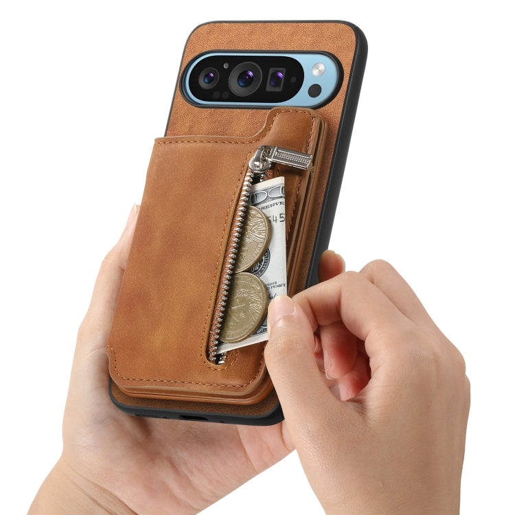 For Google Pixel 9 / 9 Pro Retro MagSafe Zipper Wallet Card Bag Back Phone Case(Brown) - Google Cases by PMC TechLife | Online Shopping South Africa | PMC TechLife | Buy Now Pay Later Mobicred