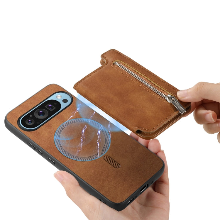 For Google Pixel 9 / 9 Pro Retro MagSafe Zipper Wallet Card Bag Back Phone Case(Brown) - Google Cases by PMC TechLife | Online Shopping South Africa | PMC TechLife | Buy Now Pay Later Mobicred