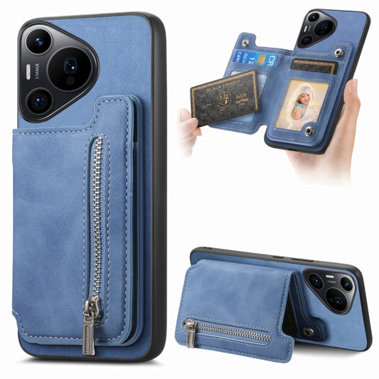 For Huawei Pura 70 Pro+ Retro MagSafe Zipper Wallet Card Bag Back Phone Case(Blue) - Huawei Cases by PMC Jewellery | Online Shopping South Africa | PMC Jewellery | Buy Now Pay Later Mobicred