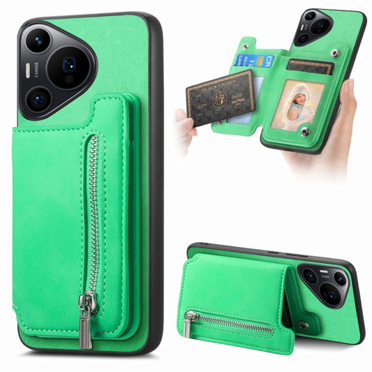 For Huawei Pura 70 Retro MagSafe Zipper Wallet Card Bag Back Phone Case(Green) - Huawei Cases by PMC Jewellery | Online Shopping South Africa | PMC Jewellery | Buy Now Pay Later Mobicred