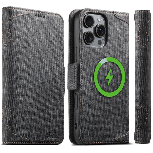 For iPhone 16 Pro Max Suteni J07 Multi-functional Horizontal MagSafe Denim Leather Phone Case(Black) - iPhone 16 Pro Max Cases by Suteni | Online Shopping South Africa | PMC Jewellery | Buy Now Pay Later Mobicred