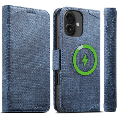 For iPhone 16 Plus Suteni J07 Multi-functional Horizontal MagSafe Denim Leather Phone Case(Blue) - iPhone 16 Plus Cases by Suteni | Online Shopping South Africa | PMC Jewellery | Buy Now Pay Later Mobicred