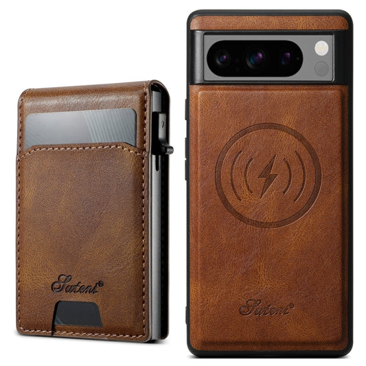 For Google Pixel 8 Pro Suteni H19 Oil Wax 2-in-1 MagSafe Removable Card Box Back Phone Case(Brown) - Google Cases by Suteni | Online Shopping South Africa | PMC Jewellery | Buy Now Pay Later Mobicred