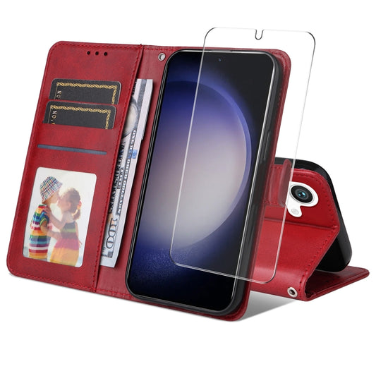 For Samsung Galaxy S25 5G ENKAY Card Wallet Calf Texture Leather Phone Case with Screen Film(Red) - Galaxy S25 5G Cases by ENKAY | Online Shopping South Africa | PMC Jewellery | Buy Now Pay Later Mobicred