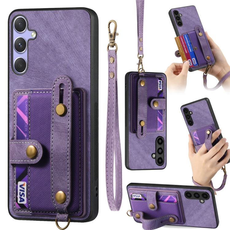 For Samsung Galaxy S25 5G Retro Cross Wristband Wallet Leather Back Phone Case(Purple) - Galaxy S25 5G Cases by PMC Jewellery | Online Shopping South Africa | PMC Jewellery | Buy Now Pay Later Mobicred